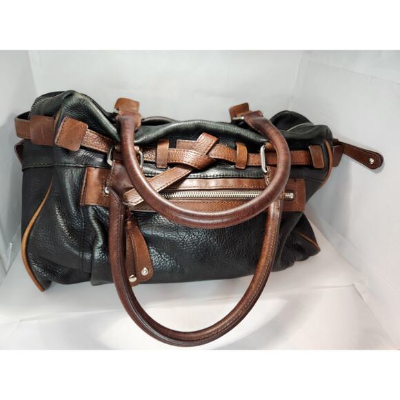 Audrey Brooke Black Pebbled Leather Tote Bag with Brown Accents and Zippered Top - Picture 1 of 12